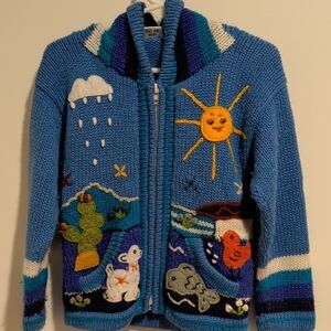 Blue Hand-Knit Zippered Sweater Jacket with Sunny Animal Appliqués
